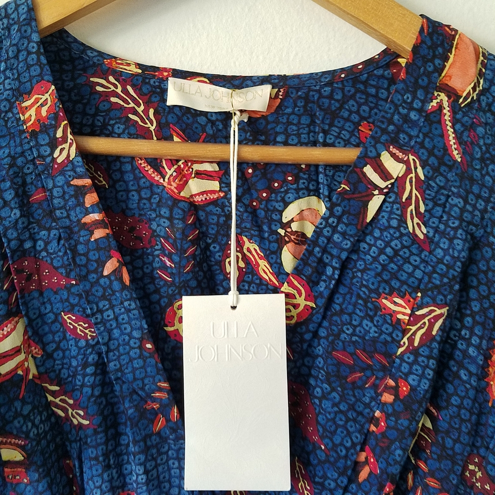 Ulla Johnson Brielle Dress Blue Dahlia Silk Ruffle V-Neck Dress Size 8 - Picture 11 of 16